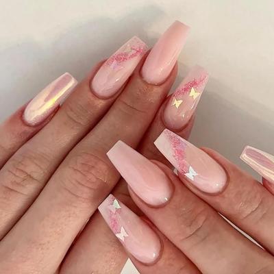 J - 24Pcs Square Press on Nails Medium Coffin French Cute Nude Pink Glitter Butterfly Fake False Nails Glossy Acrylic Nude Nails Full...