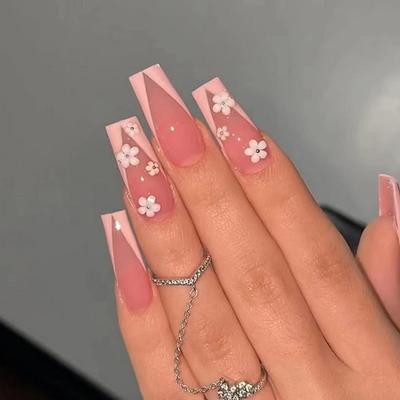 V - French Tip Press on Nails Medium Fake Nails Full Cover Coffin Acrylic Artificial Nails with Designs Cute Flower Glue on Nails Spring...