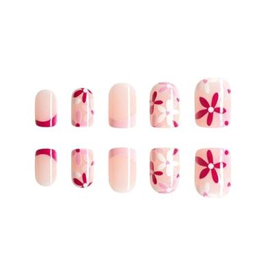 Z - Square Press on Nails Short Fake Nails French Tip Glue on Nails Pink Red Tip Nude False Nails Cute Flower Nails Press on Daisy...