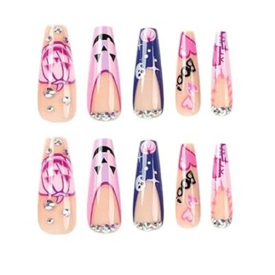DD - 24Pcs Hallowee Press on Nails Long Fake Nails with Pink Pumpkin Designs Rhinestones False Nails Coffin Full Cover Acrylic Stick on...