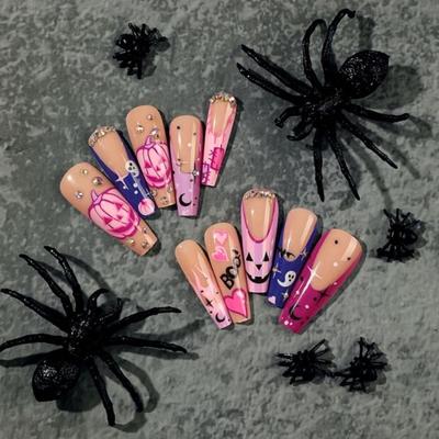 DD - 24Pcs Hallowee Press on Nails Long Fake Nails with Pink Pumpkin Designs Rhinestones False Nails Coffin Full Cover Acrylic Stick on...