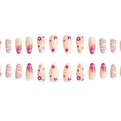 II - 24 Pcs Almond Press on Nails Spring RIICFDD Medium Fake Nails with Cute Flower Designs French Tip Full Cover Stick on Nails Summer...