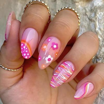 JJ - 24 Pcs Almond Press on Nails Spring RIICFDD Medium Fake Nails with Cute Flower Designs French Tip Full Cover Stick on Nails Summer...