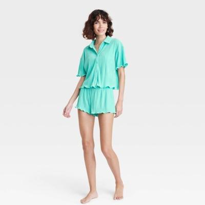 Size XL Womens' Target Colsie Turquoise Plisse Shirt Collar & Shorts Pajama Set