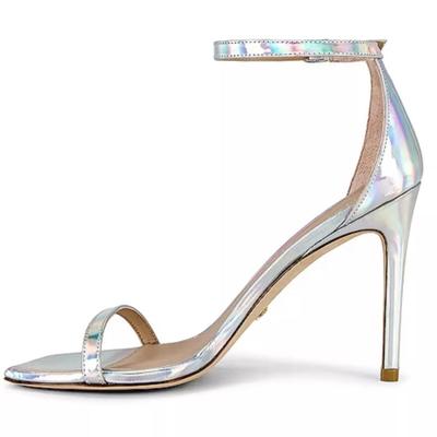 Size 8.5 Stuart Weitzman Nudistcurve 100 Strap Sandal in Iridescent Silver