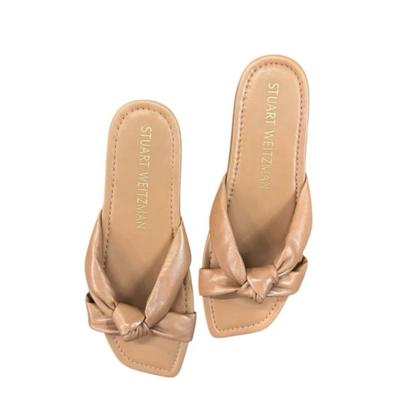 Size 9.5 Stuart Weitzman Women's Playa Knot Flat Slides in Tan Calf Skin Leather