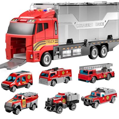 TEMI Toddler Toys for Boys & Girls, Die-cast Alloy Metal Emergency Fire Rescue Vehicle Transport Car / Truck Toys Set w/Play Mat for...