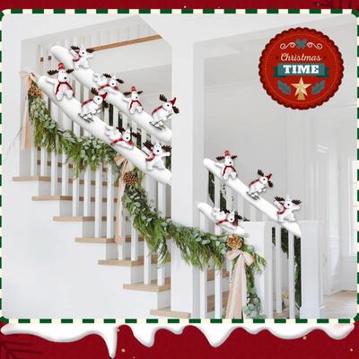 Reindeer Christmas Staircase Decorations Set Banister Christmas Decorations with 4PCS Skiing Reindeer & Artificial Snow & LED...
