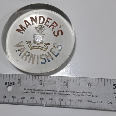 Two antique glass advertising paperweights - Deal Saw Mills Co. Inc. Tuscaloosa Ala. and Mander's Varnishes - glass paperweights