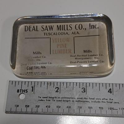 Two antique glass advertising paperweights - Deal Saw Mills Co. Inc. Tuscaloosa Ala. and Mander's Varnishes - glass paperweights