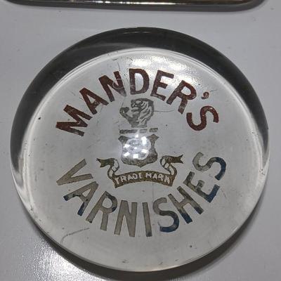 Two antique glass advertising paperweights - Deal Saw Mills Co. Inc. Tuscaloosa Ala. and Mander's Varnishes - glass paperweights