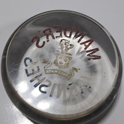 Two antique glass advertising paperweights - Deal Saw Mills Co. Inc. Tuscaloosa Ala. and Mander's Varnishes - glass paperweights
