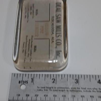 Two antique glass advertising paperweights - Deal Saw Mills Co. Inc. Tuscaloosa Ala. and Mander's Varnishes - glass paperweights