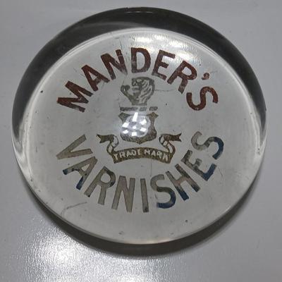 Two antique glass advertising paperweights - Deal Saw Mills Co. Inc. Tuscaloosa Ala. and Mander's Varnishes - glass paperweights