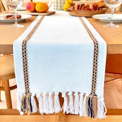 Boho Table Runner 12" x 60" Braided & Striped Dining Room Table Runner Linen with Handmade Tassels, Durable & Washable...