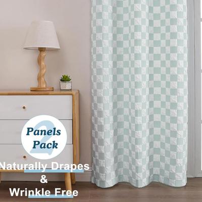 White & Seafoam Green Checkered Curtains 63 Inch Length 2 Panels, Light Filtering Soft Airy 3D Embossed Textured Bedroom Living Room,...