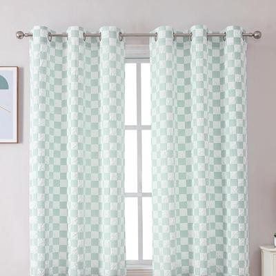 White & Seafoam Green Checkered Curtains 63 Inch Length 2 Panels, Light Filtering Soft Airy 3D Embossed Textured Bedroom Living Room,...