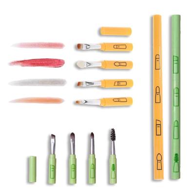 2-Pack Yellow & Green 4 in 1 Makeup Brush Pen Travel Size - Soft Hair Lip Eye Brush Retractable Beauty Tools