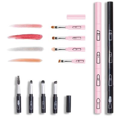 2-Pack Pink & Black 4 in 1 Makeup Brush Pen Travel Size - Soft Hair Lip Eye Brush Retractable Beauty Tools