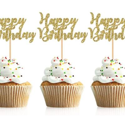 48 Pcs Gold Glitter Happy Birthday Cupcake Toppers Cake Picks for Birthday Party Decoration Supplies (Gold)