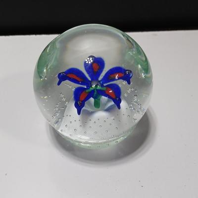 Signed glass paperweight with blue and red flower - beautiful glass paperweight