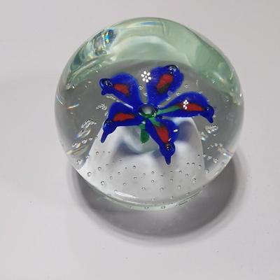Signed glass paperweight with blue and red flower - beautiful glass paperweight