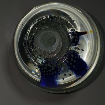 Signed glass paperweight with blue and red flower - beautiful glass paperweight