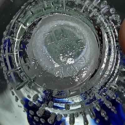 Signed glass paperweight with blue and red flower - beautiful glass paperweight