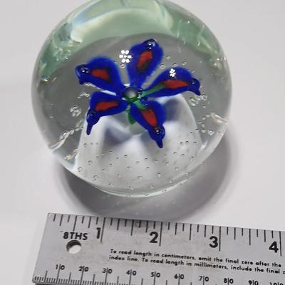 Signed glass paperweight with blue and red flower - beautiful glass paperweight