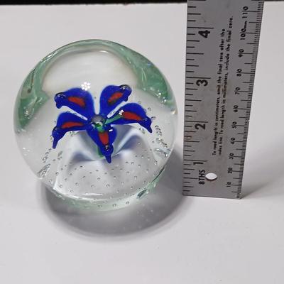 Signed glass paperweight with blue and red flower - beautiful glass paperweight