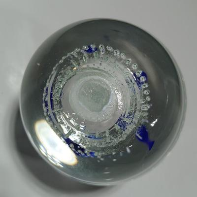 Signed glass paperweight with blue and red flower - beautiful glass paperweight