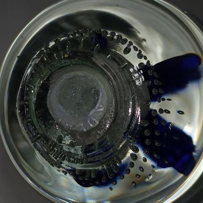 Signed glass paperweight with blue and red flower - beautiful glass paperweight