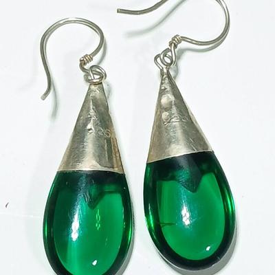 Beautiful Art Deco Teardrop Earrings .925 marked Sterling Silver Faux Emerald earrings