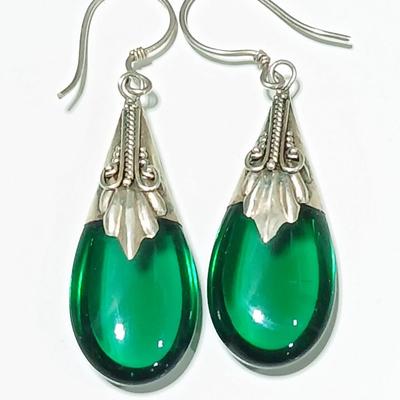 Beautiful Art Deco Teardrop Earrings .925 marked Sterling Silver Faux Emerald earrings