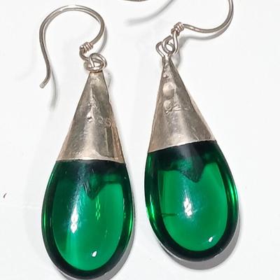 Beautiful Art Deco Teardrop Earrings .925 marked Sterling Silver Faux Emerald earrings