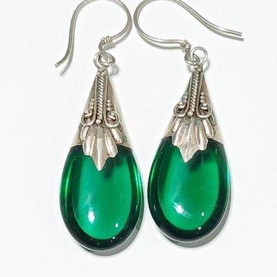 Beautiful Art Deco Teardrop Earrings .925 marked Sterling Silver Faux Emerald earrings