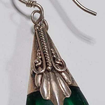 Beautiful Art Deco Teardrop Earrings .925 marked Sterling Silver Faux Emerald earrings