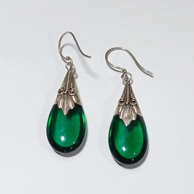 Beautiful Art Deco Teardrop Earrings .925 marked Sterling Silver Faux Emerald earrings