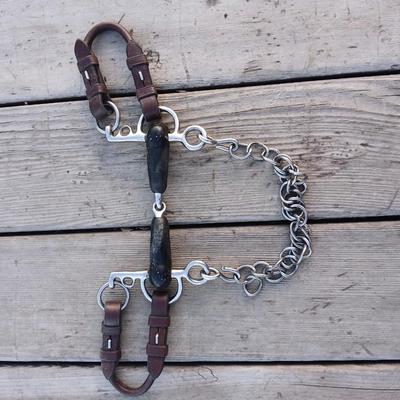 Equestrian Tack - Driving bit rubber jointed with leather bit converter