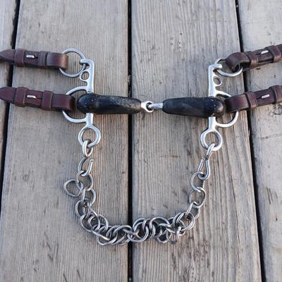 Equestrian Tack - Driving bit rubber jointed with leather bit converter