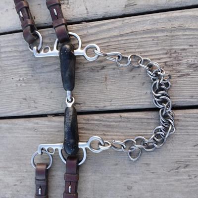 Equestrian Tack - Driving bit rubber jointed with leather bit converter