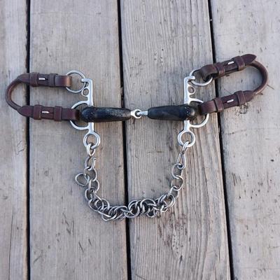 Equestrian Tack - Driving bit rubber jointed with leather bit converter