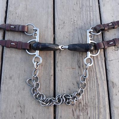 Equestrian Tack - Driving bit rubber jointed with leather bit converter
