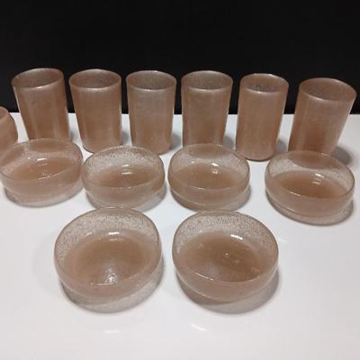 Vintage MCM Six Drinking glasses with Six snack/desert bowls and a candle holder