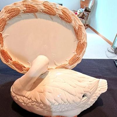 FITZ & FLOYD GOOSE SOUP TUREEN, LADLE AND PLATTER