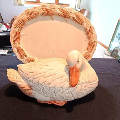 FITZ & FLOYD GOOSE SOUP TUREEN, LADLE AND PLATTER