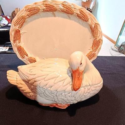 FITZ & FLOYD GOOSE SOUP TUREEN, LADLE AND PLATTER