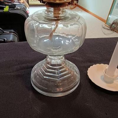 QUEEN ANNE NO 2 GLASS OIL LAMP AND A CANDLE HOLDER
