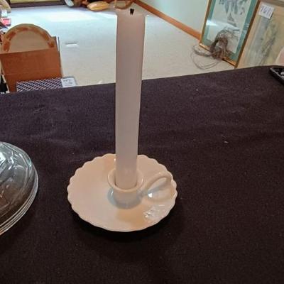 QUEEN ANNE NO 2 GLASS OIL LAMP AND A CANDLE HOLDER
