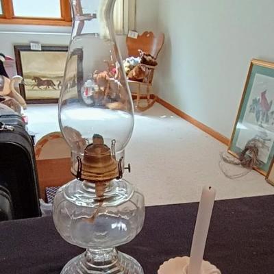 QUEEN ANNE NO 2 GLASS OIL LAMP AND A CANDLE HOLDER